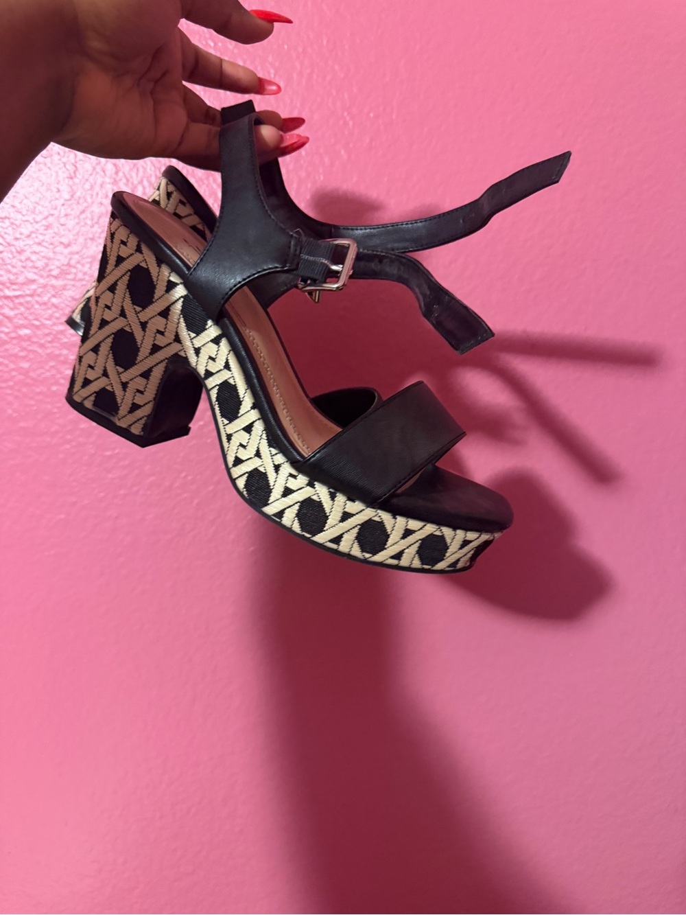 Impo Black Platform Block Heel Sandals with Cream Patterned Sole
